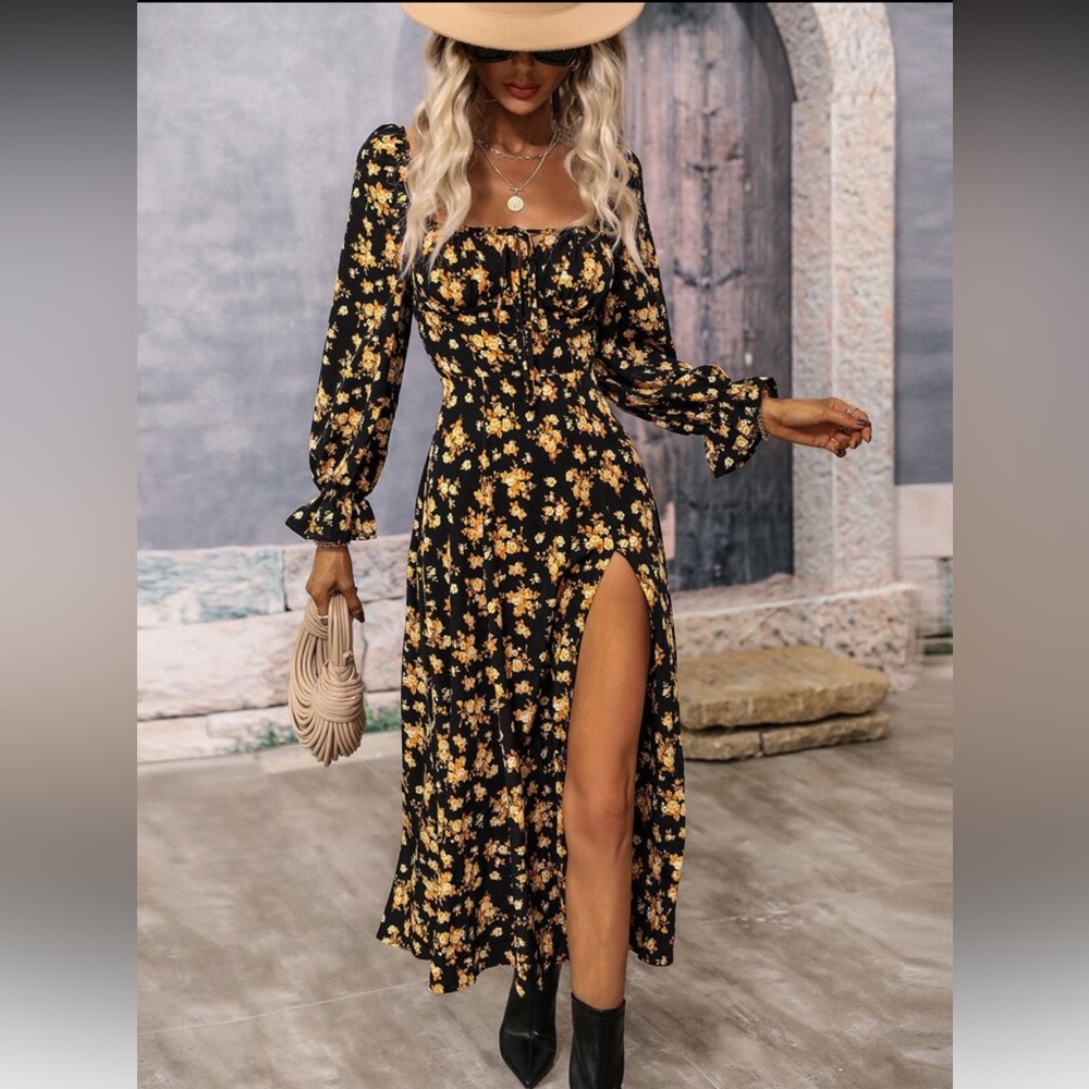 EMERY ROSE Floral Print Square Neck Flounce Sleeve Split Thigh Dress Maxi Dress